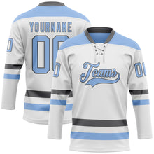 Charger l&#39;image dans la galerie, Custom White Light Blue-Steel Gray Hockey Lace Neck Jersey
