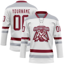 Laden Sie das Bild in den Galerie-Viewer, Custom White Crimson-Gray Hockey Lace Neck Jersey
