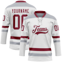 Laden Sie das Bild in den Galerie-Viewer, Custom White Crimson-Gray Hockey Lace Neck Jersey
