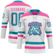 Загрузить изображение в средство просмотра галереи, Custom White Teal-Pink Hockey Lace Neck Jersey
