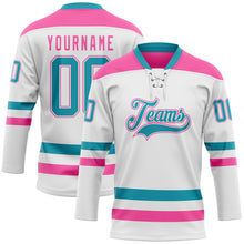 Загрузить изображение в средство просмотра галереи, Custom White Teal-Pink Hockey Lace Neck Jersey
