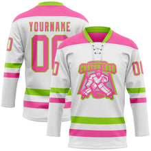 Charger l&#39;image dans la galerie, Custom White Pink-Neon Green Hockey Lace Neck Jersey
