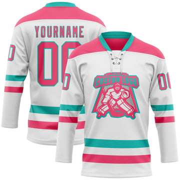 Custom White Neon Pink-Aqua Hockey Lace Neck Jersey