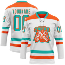 Load image into Gallery viewer, Custom White Aqua-Orange Hockey Lace Neck Jersey
