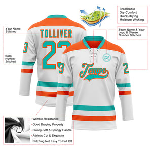 Custom White Aqua-Orange Hockey Lace Neck Jersey