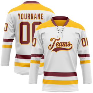 Custom White Burgundy-Gold Hockey Lace Neck Jersey