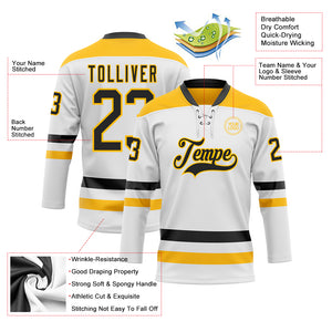 Custom White Black-Gold Hockey Lace Neck Jersey