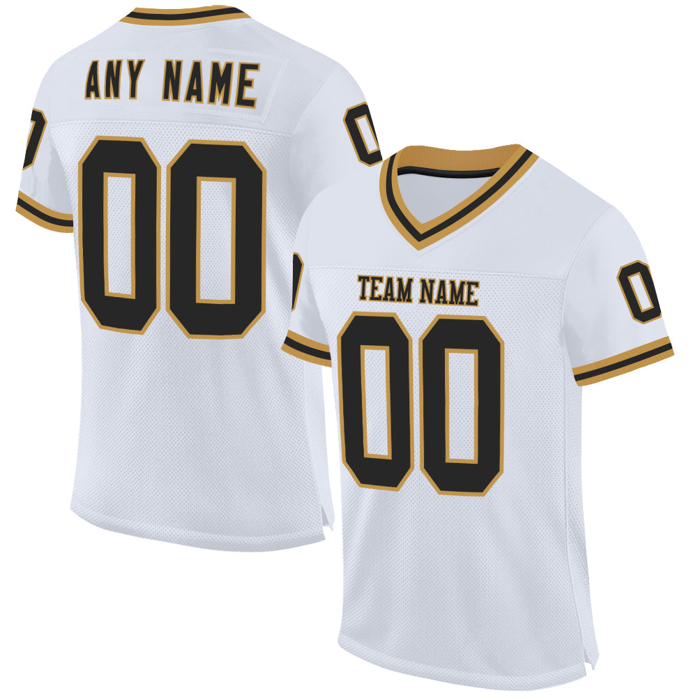 Custom White Black-Old Gold Mesh Authentic Throwback Football Jersey