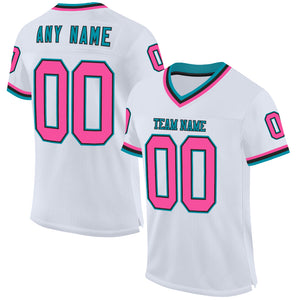 Custom White Pink Black-Teal Mesh Authentic Throwback Football Jersey