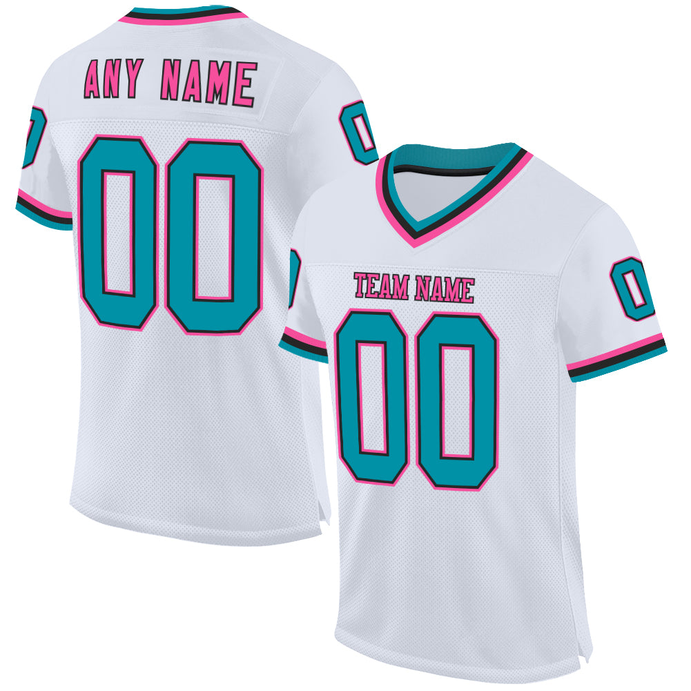 Custom White Teal Black-Pink Mesh Authentic Throwback Football Jersey