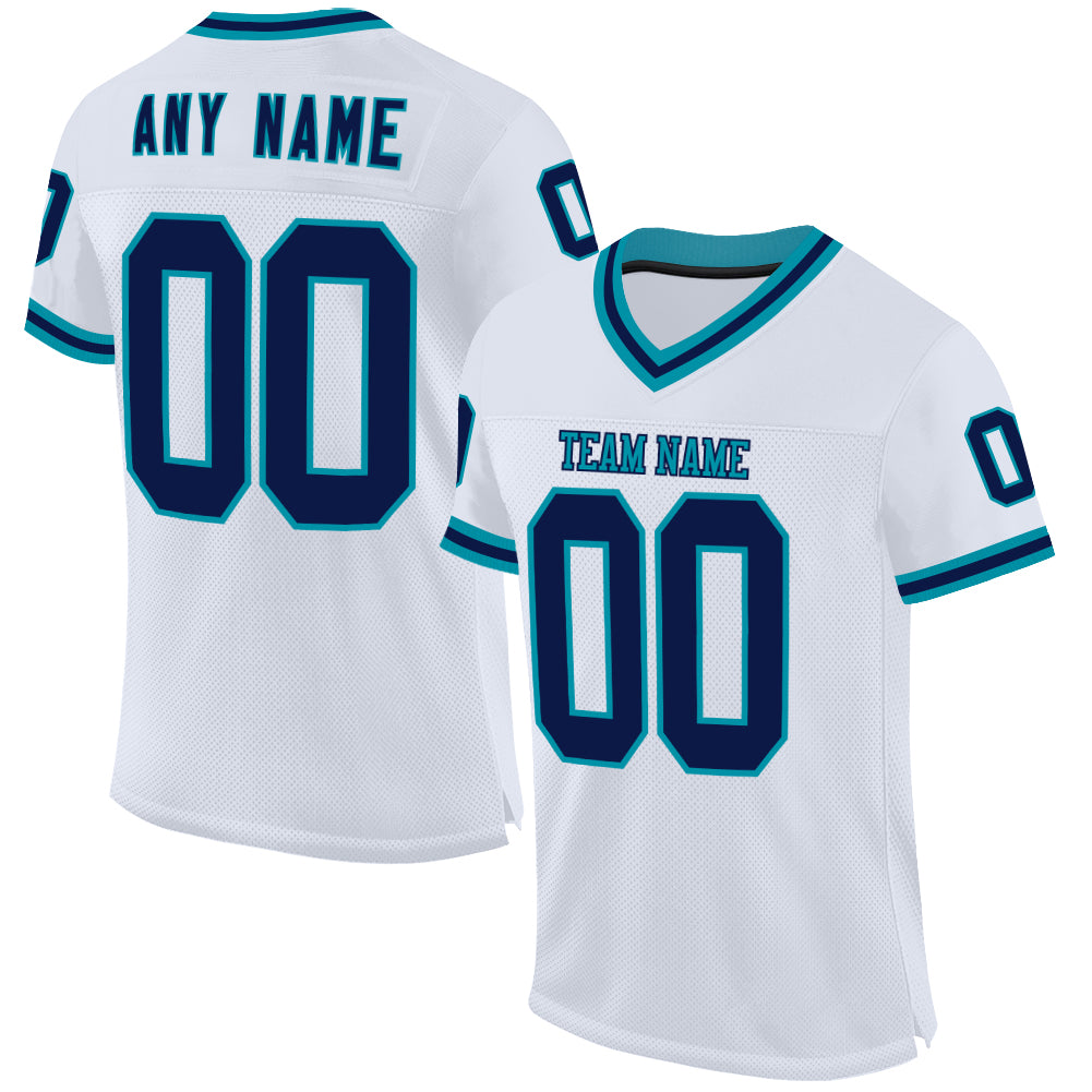 Custom White Navy-Teal Mesh Authentic Throwback Football Jersey