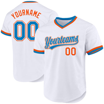 Custom White Blue-Orange Authentic Throwback Baseball Jersey