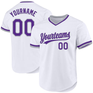 Custom White Purple-Gray Authentic Throwback Baseball Jersey