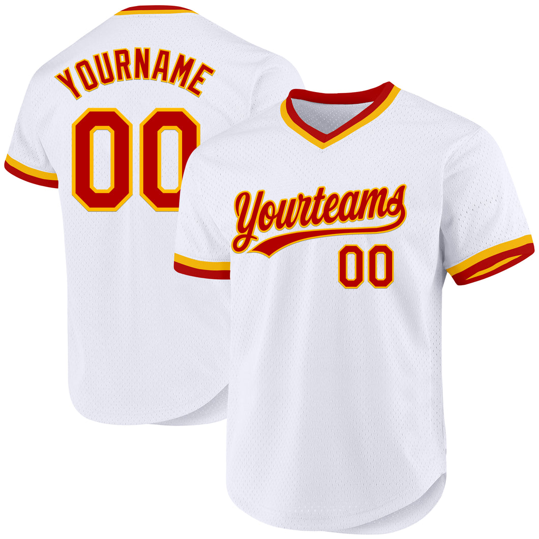 Custom White Red-Gold Authentic Throwback Baseball Jersey