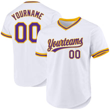 Load image into Gallery viewer, Custom White Purple-Gold Authentic Throwback Baseball Jersey
