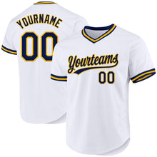 Load image into Gallery viewer, Custom White Navy-Gold Authentic Throwback Baseball Jersey
