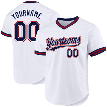 Custom White Navy-Red Authentic Throwback Baseball Jersey