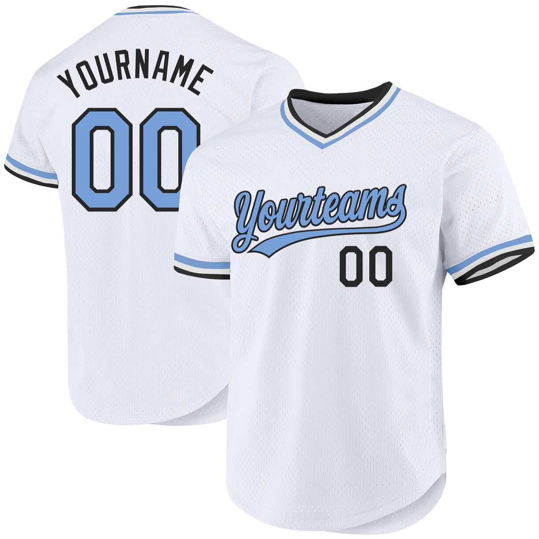 Custom White Light Blue-Black Authentic Throwback Baseball Jersey