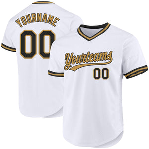 Custom White Black-Old Gold Authentic Throwback Baseball Jersey