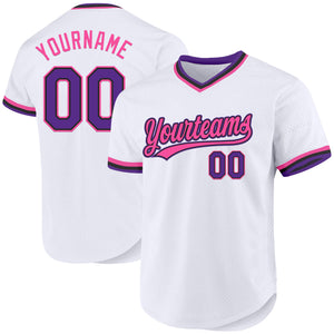 Custom White Purple Black-Pink Authentic Throwback Baseball Jersey