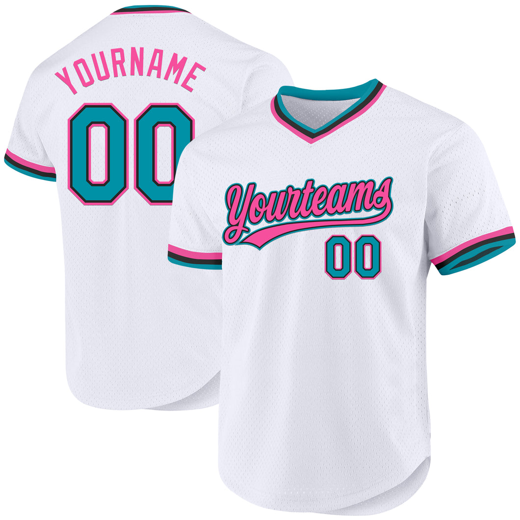 Custom White Teal Black-Pink Authentic Throwback Baseball Jersey