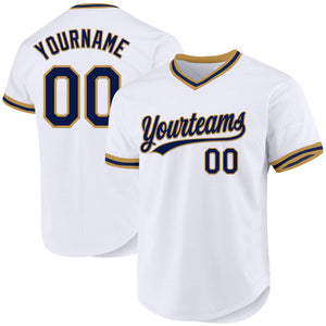 Custom White Navy-Old Gold Authentic Throwback Baseball Jersey