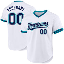 Load image into Gallery viewer, Custom White Navy-Teal Authentic Throwback Baseball Jersey
