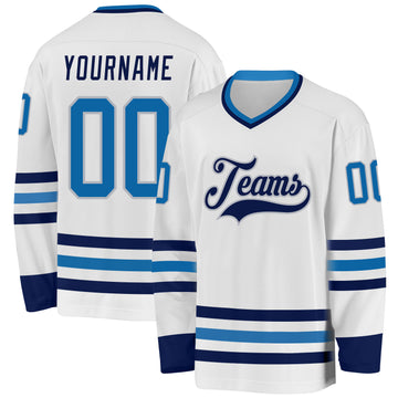 Custom White Blue Navy-Gray Hockey Jersey