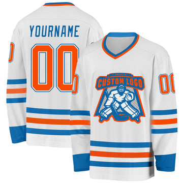 Custom White Orange-Blue Hockey Jersey