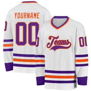 Custom White Purple-Orange Hockey Jersey