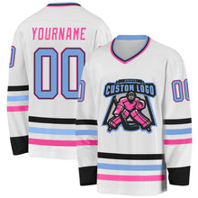 Charger l&#39;image dans la galerie, Custom White Light Blue Black-Pink Hockey Jersey
