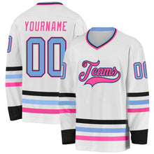 Charger l&#39;image dans la galerie, Custom White Light Blue Black-Pink Hockey Jersey
