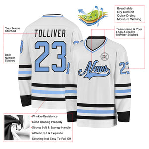 Custom White Light Blue-Black Hockey Jersey