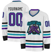 Load image into Gallery viewer, Custom White Purple Black-Teal Hockey Jersey
