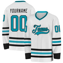 Load image into Gallery viewer, Custom White Teal-Black Hockey Jersey
