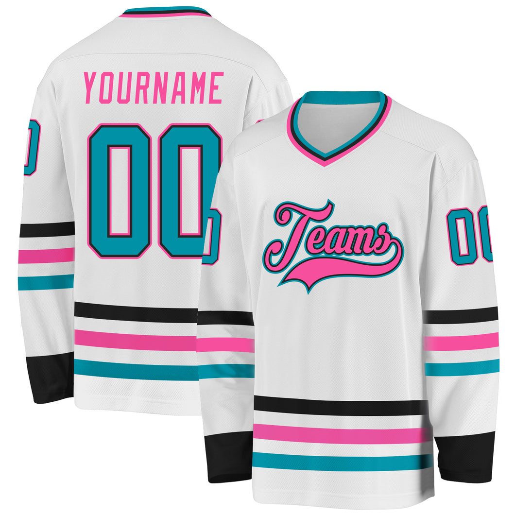 Custom White Teal Black-Pink Hockey Jersey