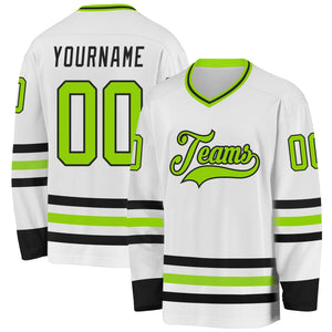 Custom White Neon Green-Black Hockey Jersey