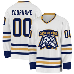 Custom White Navy-Old Gold Hockey Jersey