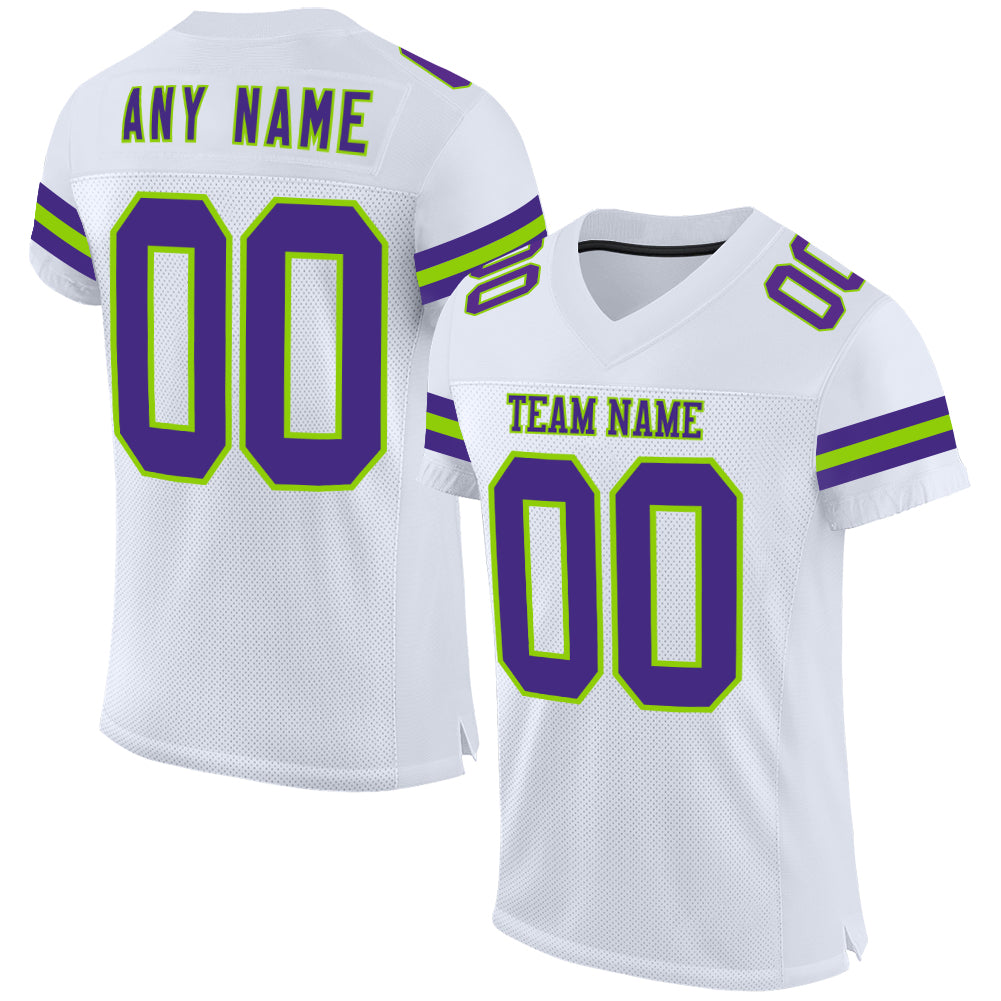 Custom White Purple-Neon Green Mesh Authentic Football Jersey