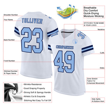 Custom White Light Blue-Navy Mesh Authentic Football Jersey