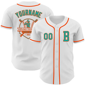 Custom White Aqua-Orange Authentic Baseball Jersey