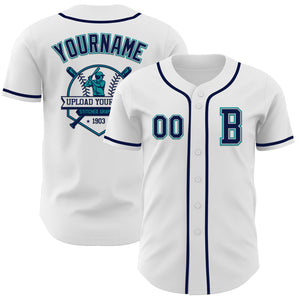 Custom White Navy Gray-Teal Authentic Baseball Jersey