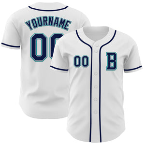 Custom White Navy Gray-Teal Authentic Baseball Jersey