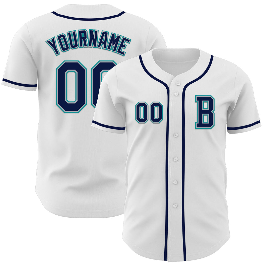 Custom White Navy Gray-Teal Authentic Baseball Jersey