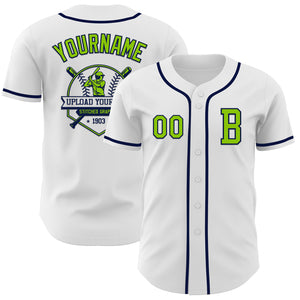 Custom White Neon Green-Navy Authentic Baseball Jersey