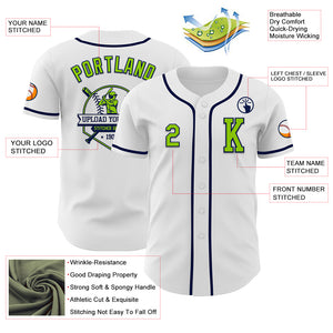 Custom White Neon Green-Navy Authentic Baseball Jersey