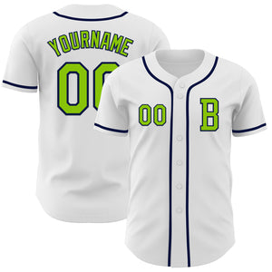 Custom White Neon Green-Navy Authentic Baseball Jersey