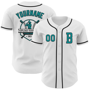 Custom White Teal-Black Authentic Baseball Jersey