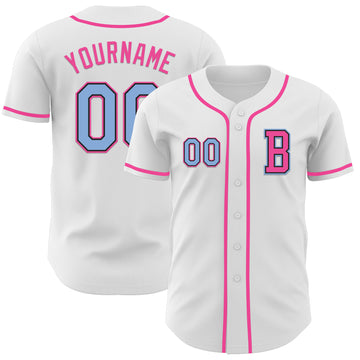 Custom White Light Blue Black-Pink Authentic Baseball Jersey