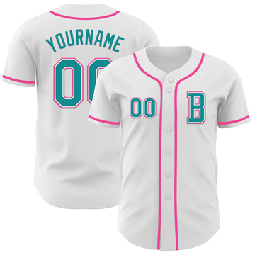 Custom White Teal-Pink Authentic Baseball Jersey